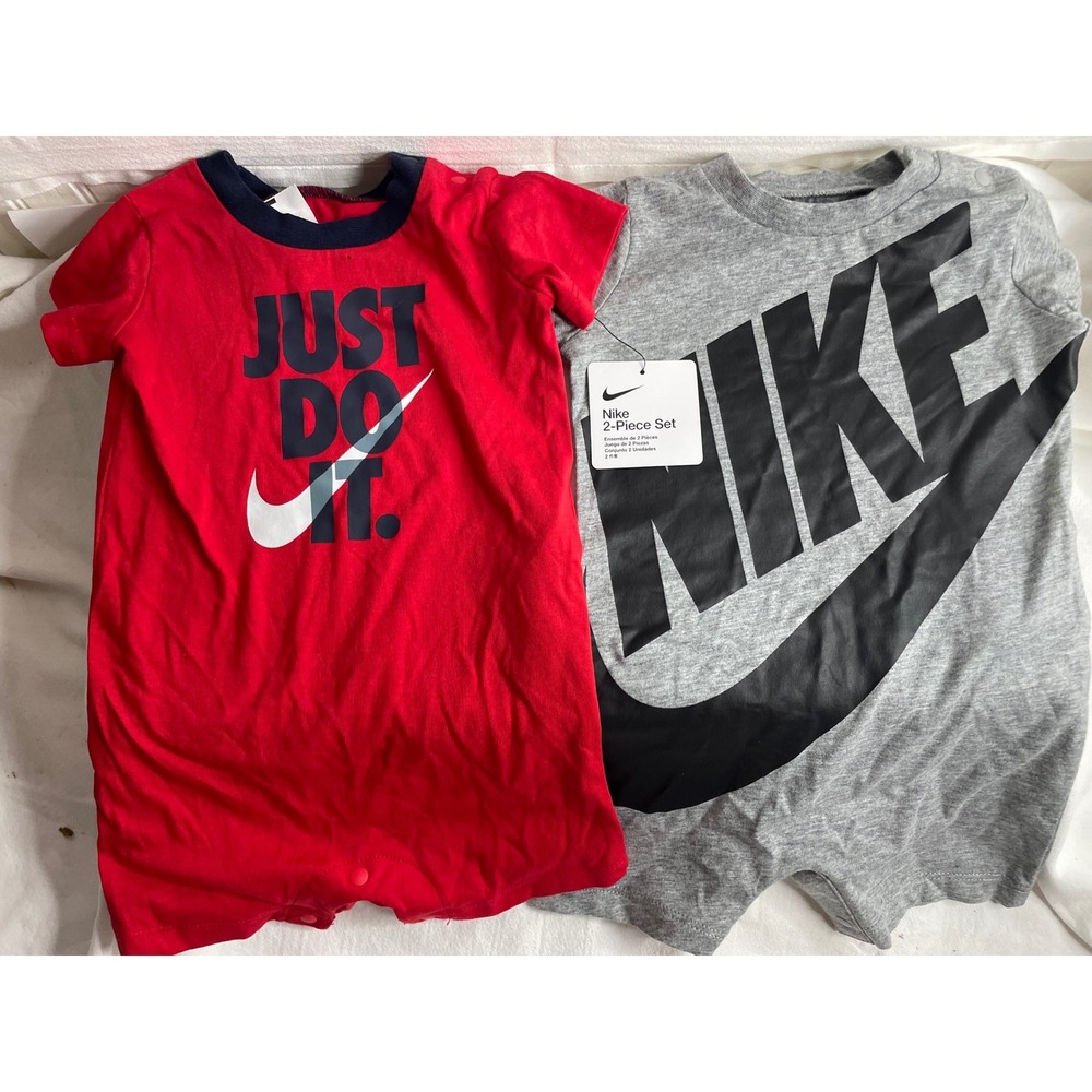 Nike Infant 2 Piece Set Red Just Do It Bodysuit Gray Swoosh Shirt 6M 5ND369-K1Y